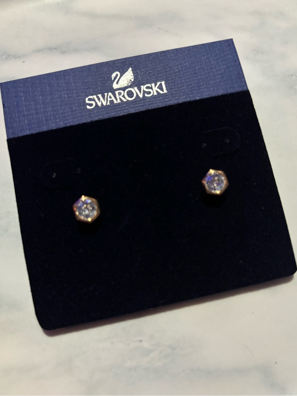 Swarovski Gold Hexagonal Clear Crystal Stud Earrings